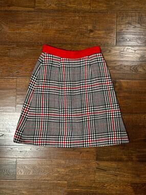 Vintage Acrylic Plaid A-Line Skirt - Red Waistband Houndstooth - Size Small